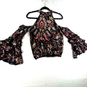 Venus‎ Cold Shoulder Top Velvet Burnout Sz S 4 Floral Flare Sleeve Jewel Tone